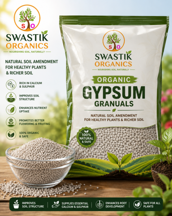 SWASTIK ORGANICS Organic Gypsum Granuals showing uniform light grey granules used as a natural soil conditioner rich in calcium and sulphur for healthier plant growth.